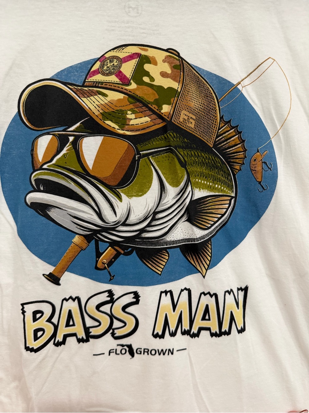 FloGrown Bass Man Fishing Graphic T-Shirt Men’s Medium White NWOT